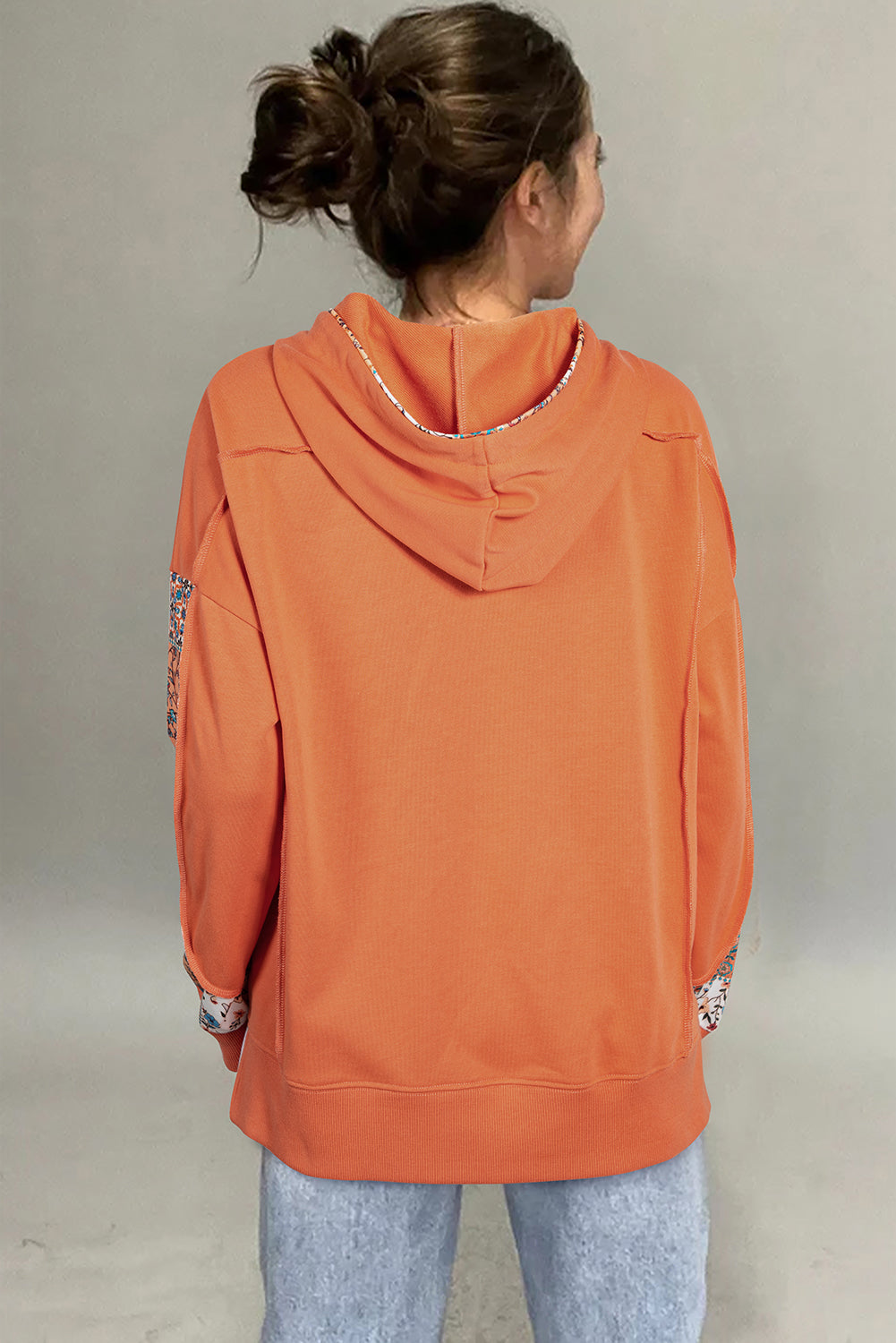 Mix Floral Patchwork Side Slit Drawstring Hoodie