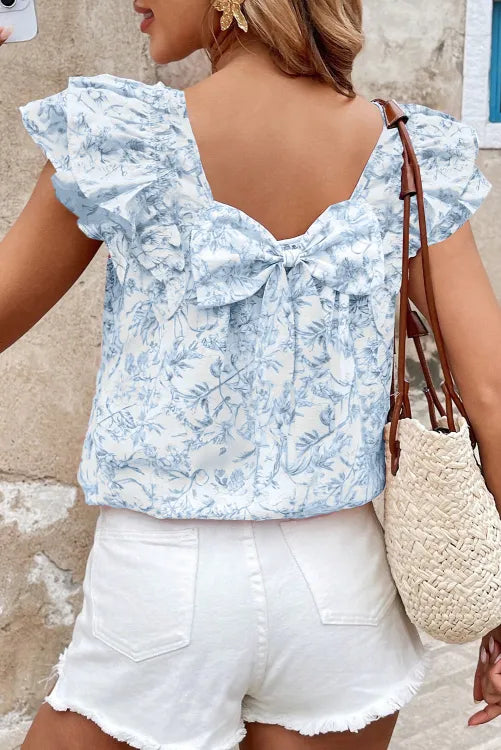 Pink Textured Bow Knot Frilled Butterfly Sleeve Blouse