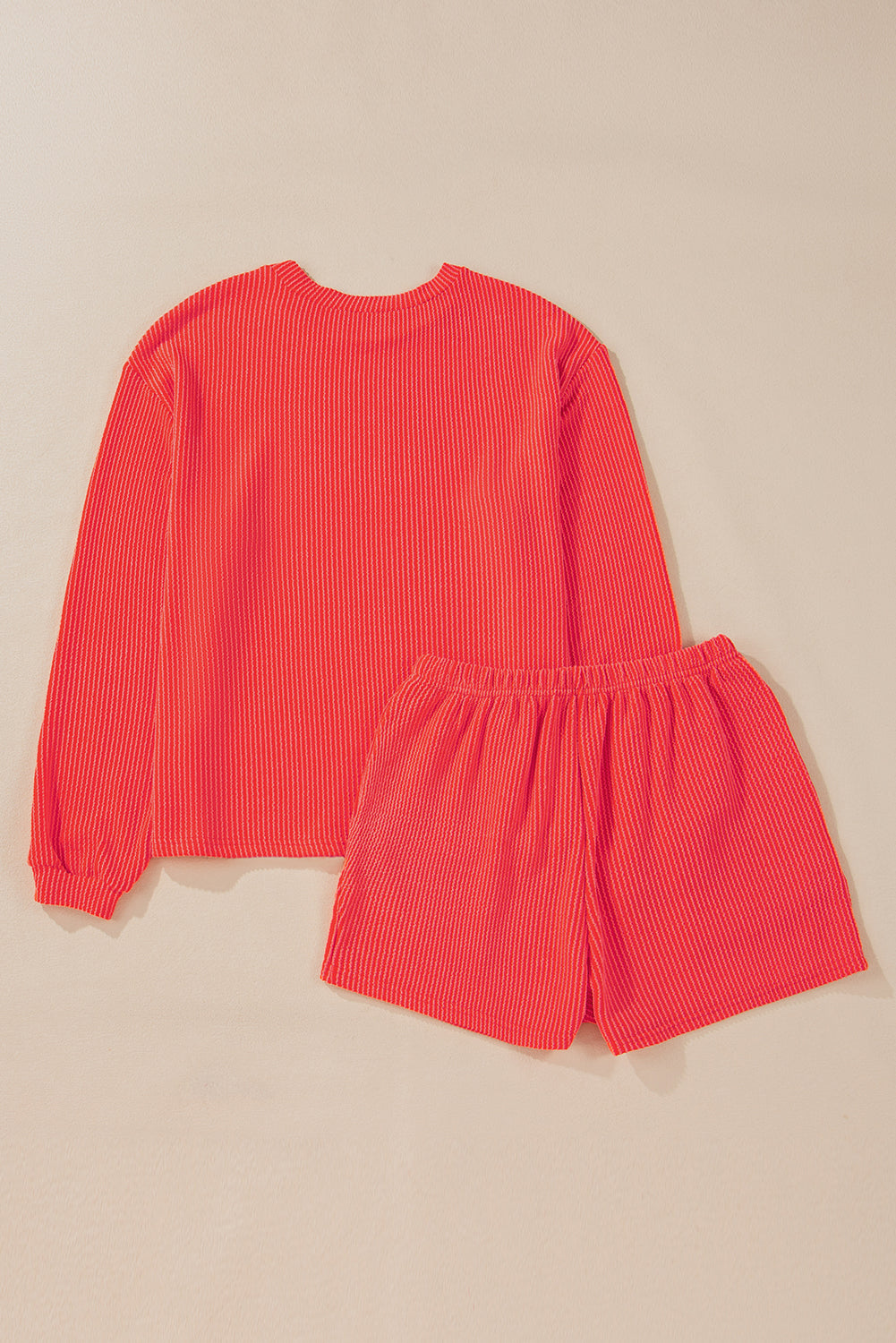 Corded Knit Long Sleeve Top and High Waist Shorts Set