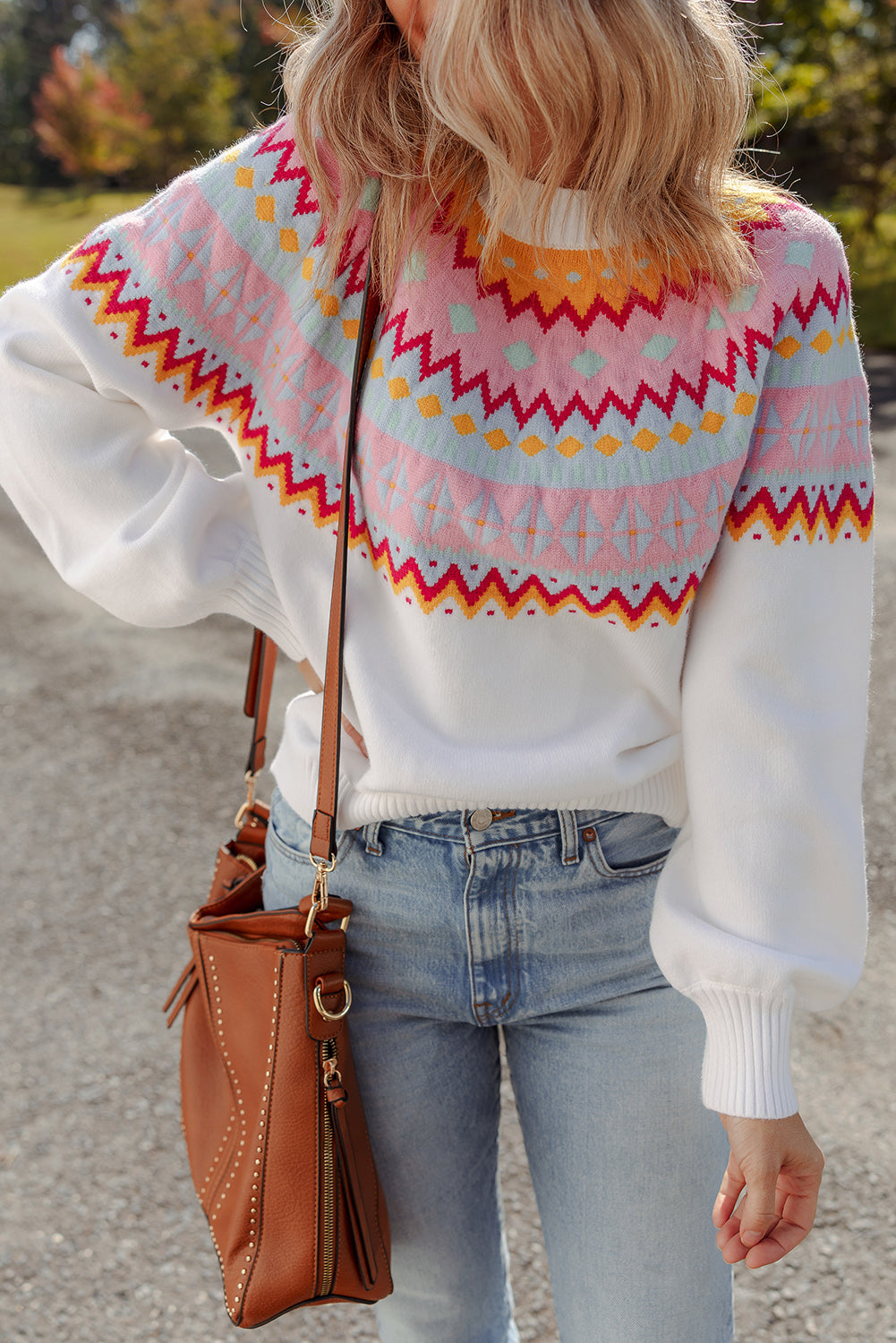 Ethnic Geometric Colorblock Print Drop Shoulder Sweater