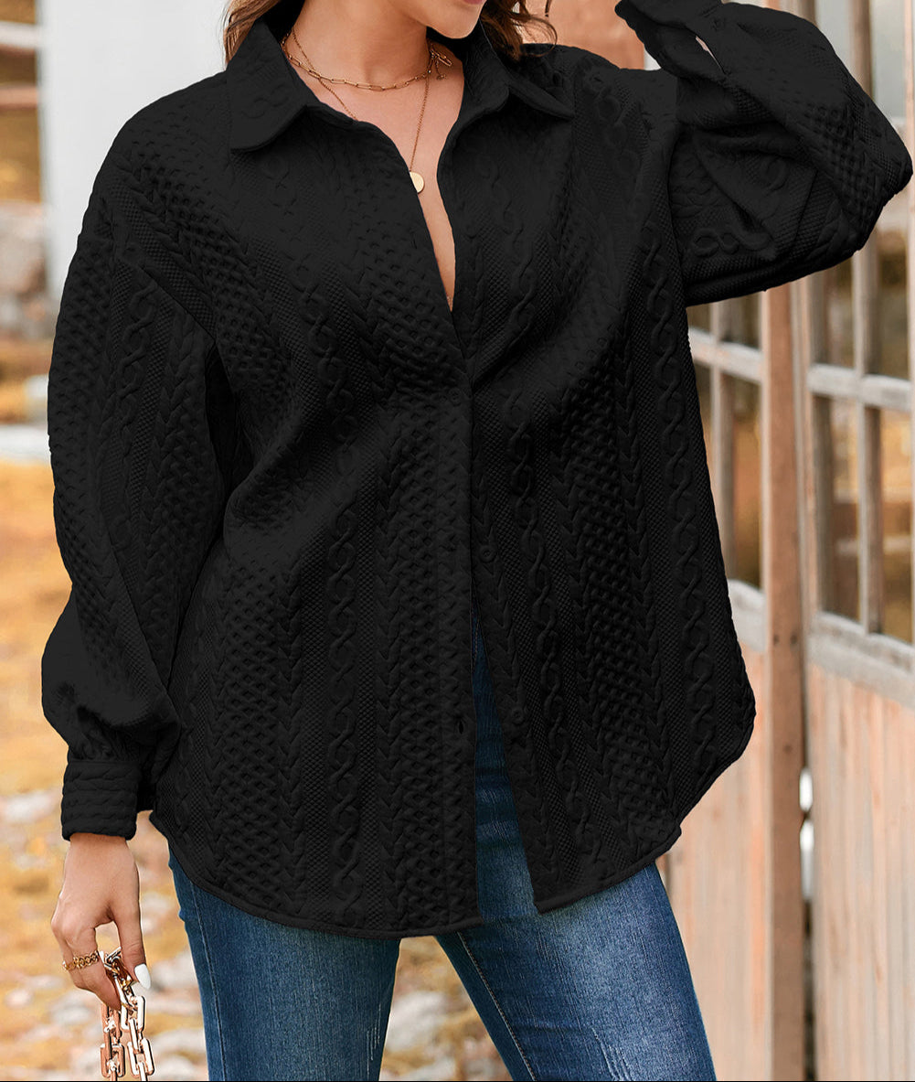 Cable Texture Puff Sleeve Loose Shacket