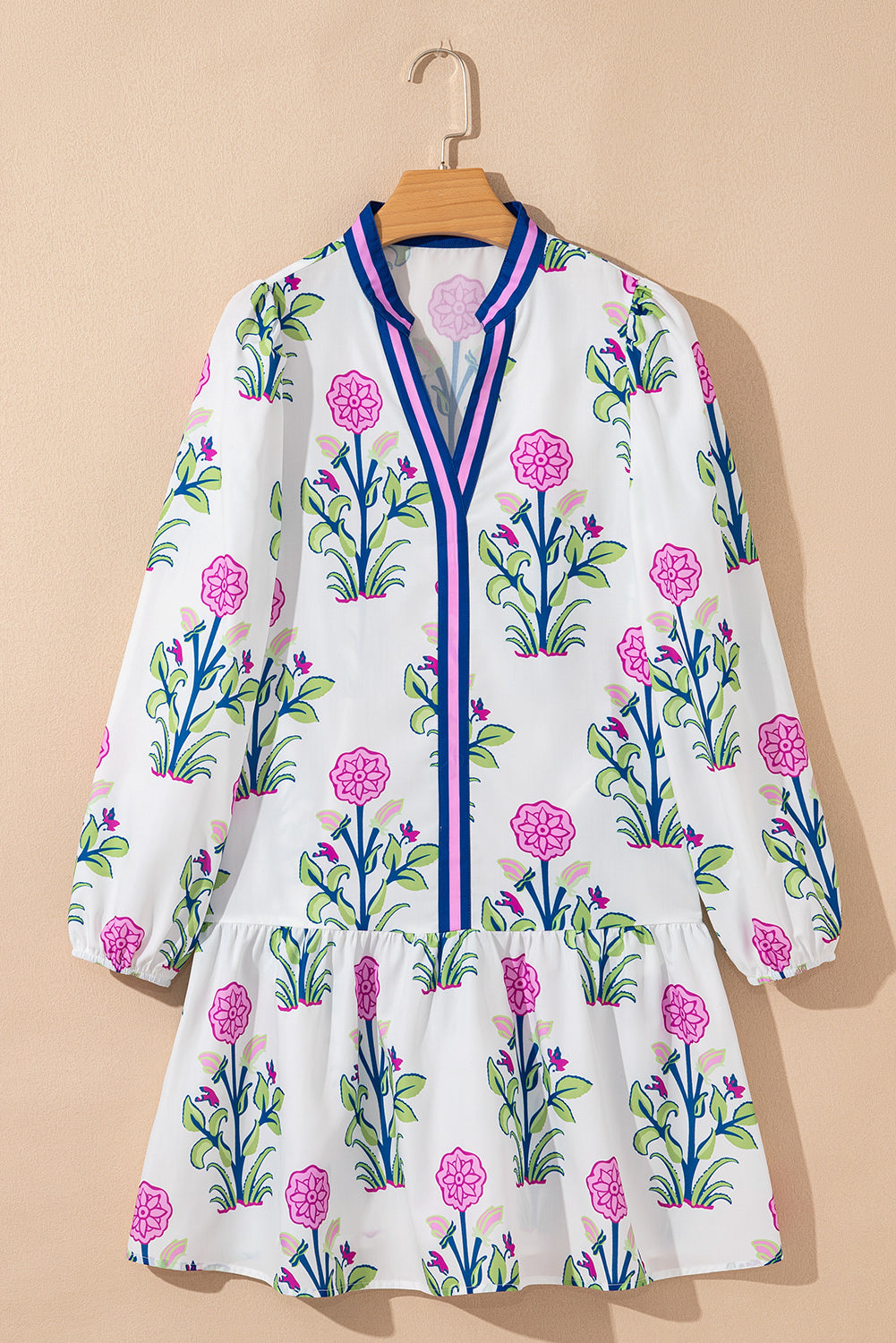 Floral Print Contrast Striped Trim Notched Neck Long Sleeve Dress