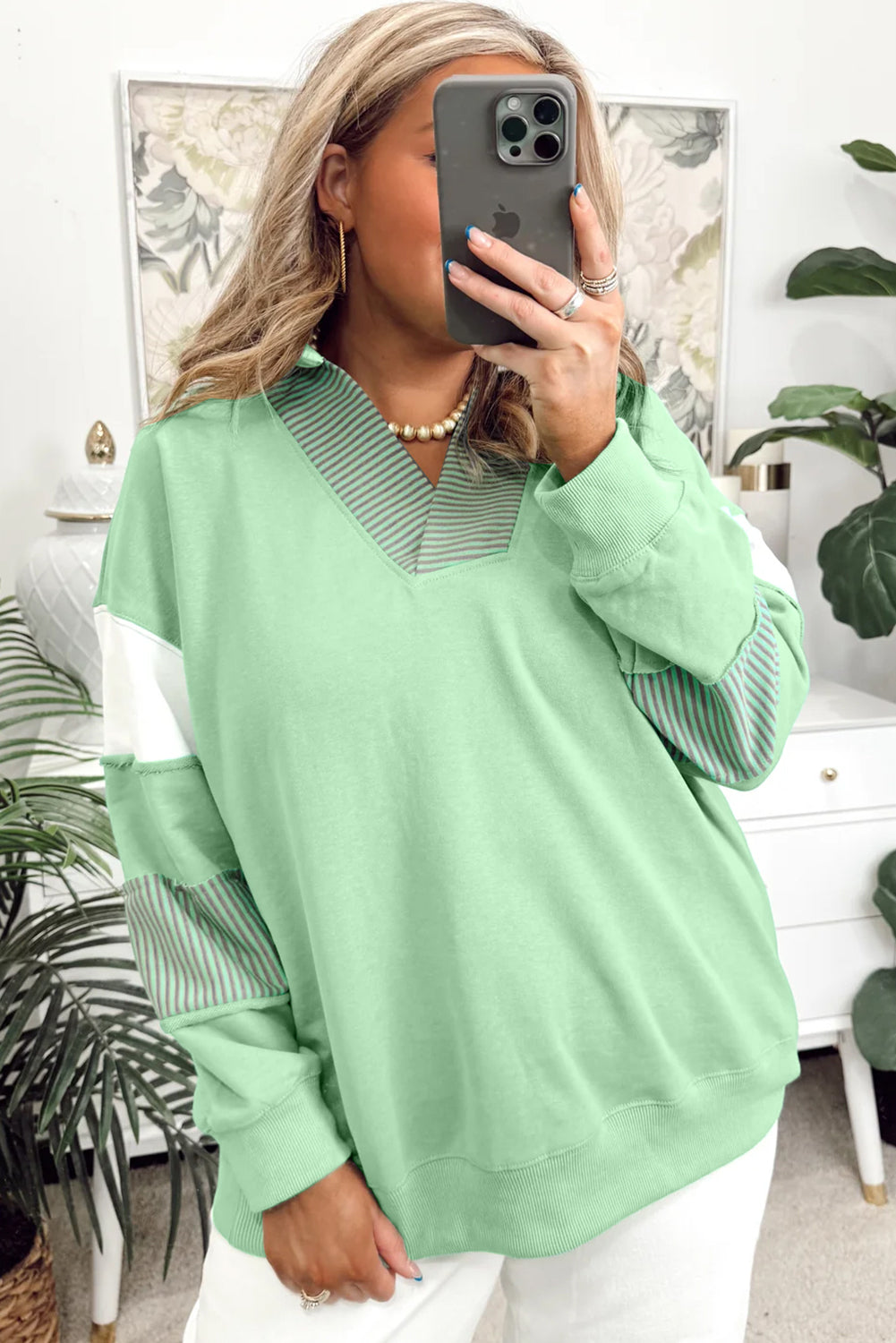 Block Striped Patchwork Collar V Neck Plus Size Sweatshirt