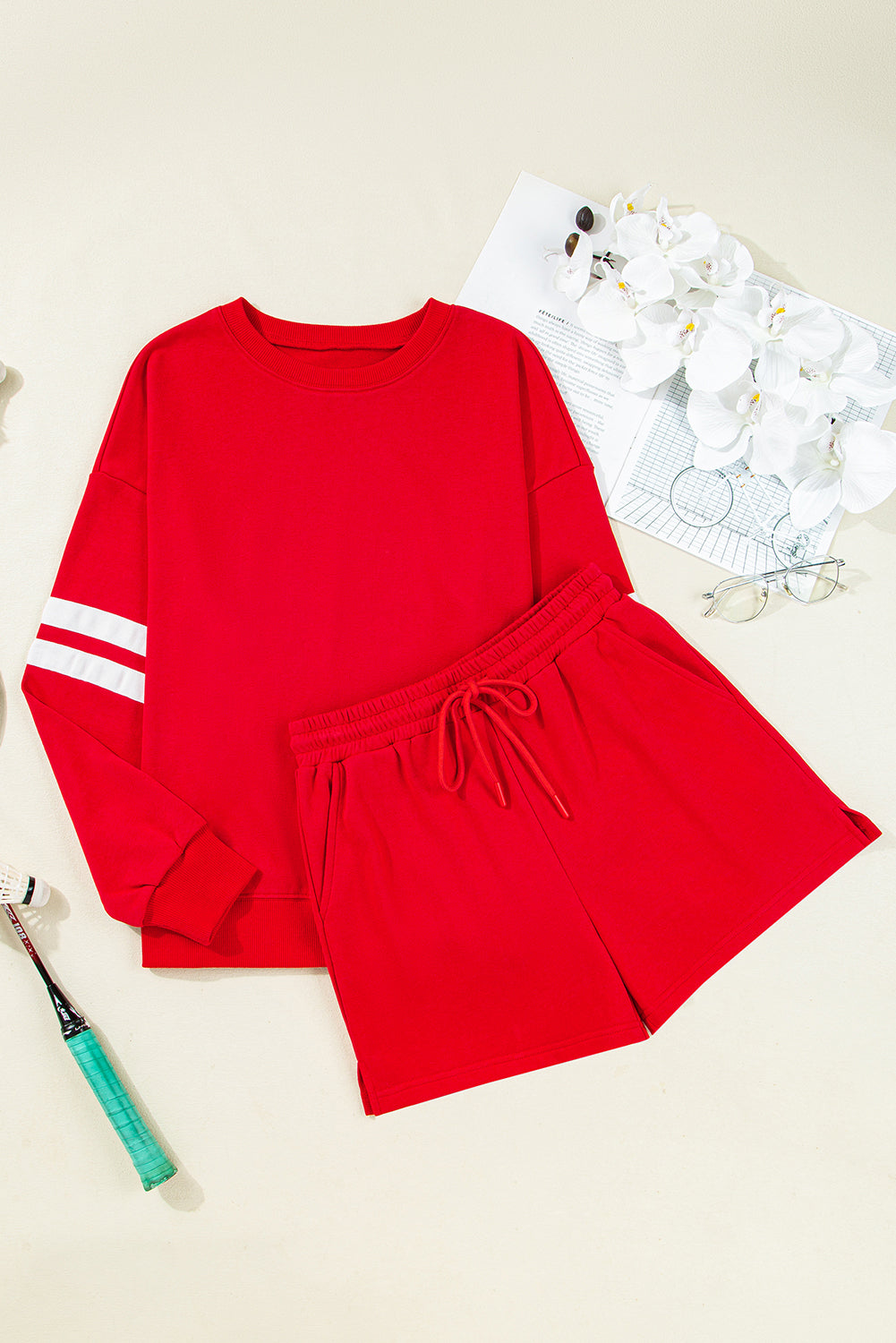 Varsity Striped Sleeve Drop Shoulder Sweatshirt and Short Set