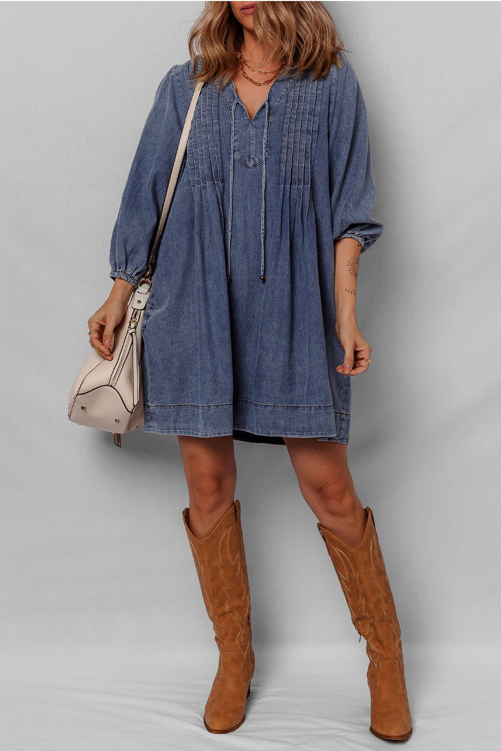 3/4 Sleeve Tied V Neck Pleated Denim Mini Dress
