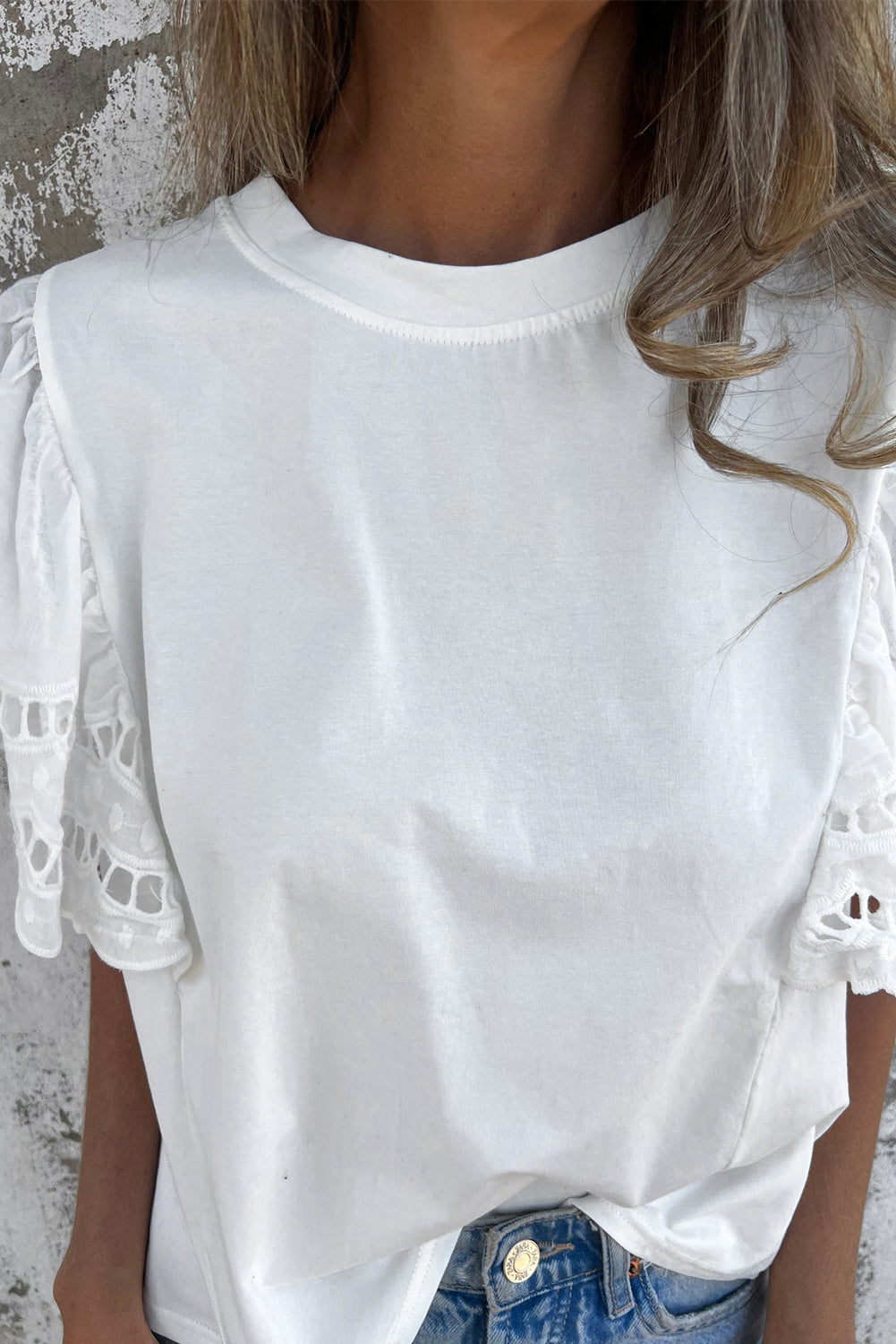 Hollow Out Embroidered Short Sleeve O Neck Top