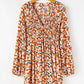 Floral Deep V Neck Smocked Bust Bubble Sleeve Babydoll Dress