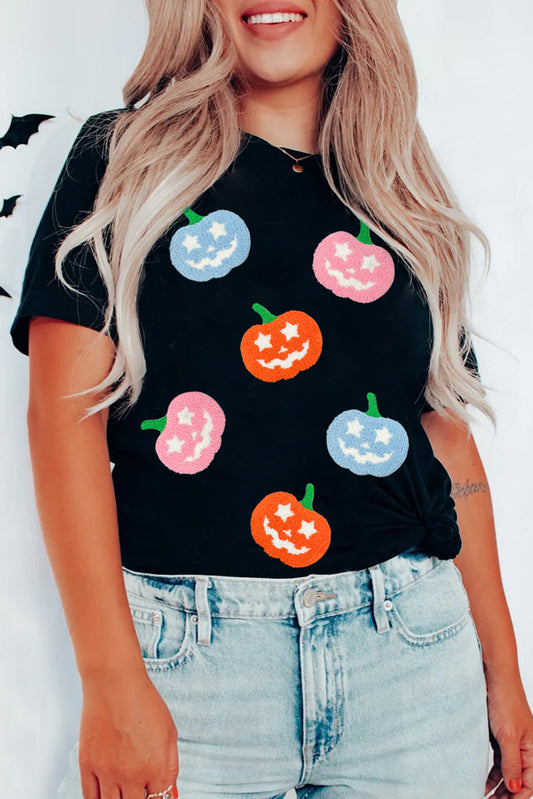 Chenille Pumpkin Patched Playful Halloween T Shirt