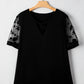 Floral Mesh Patchwork Loose V Neck Plus Size T Shirt