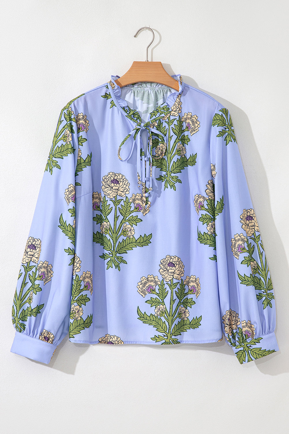 Floral Print Button Tie Neck Long Puff Sleeve Blouse