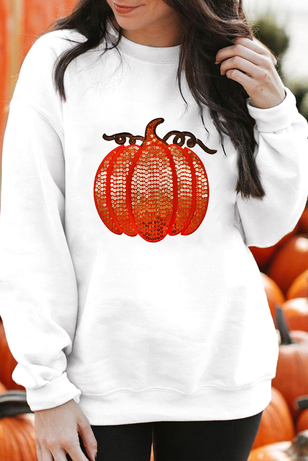 Sequin Pumpkin Patched Casual Pullover Graphic Sweatshirt