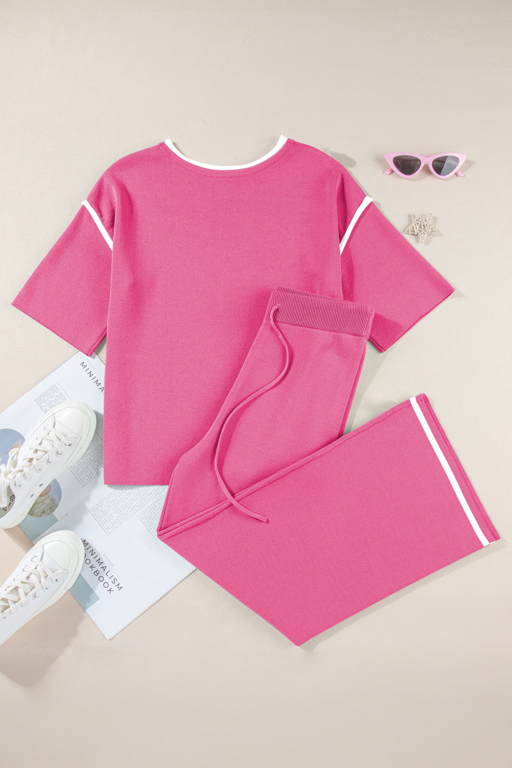 Contrast Trim Half Sleeve Top Drawstring Pants Loose 2pcs Sweater Suit