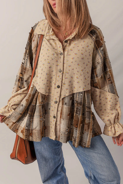 Patchwork Distressed Detail Ruffled Sleeve Waffle Knit Shacket