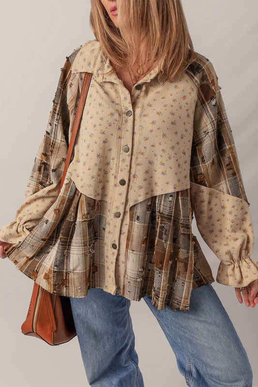 Patchwork Distressed Detail Ruffled Sleeve Waffle Knit Shacket