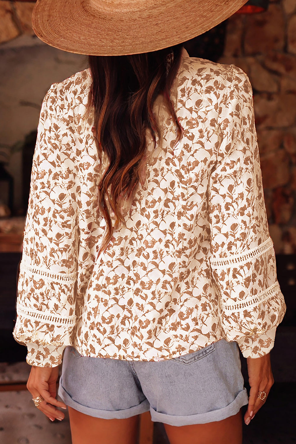 Lace Detail Floral Puff Sleeve Fall Shirt