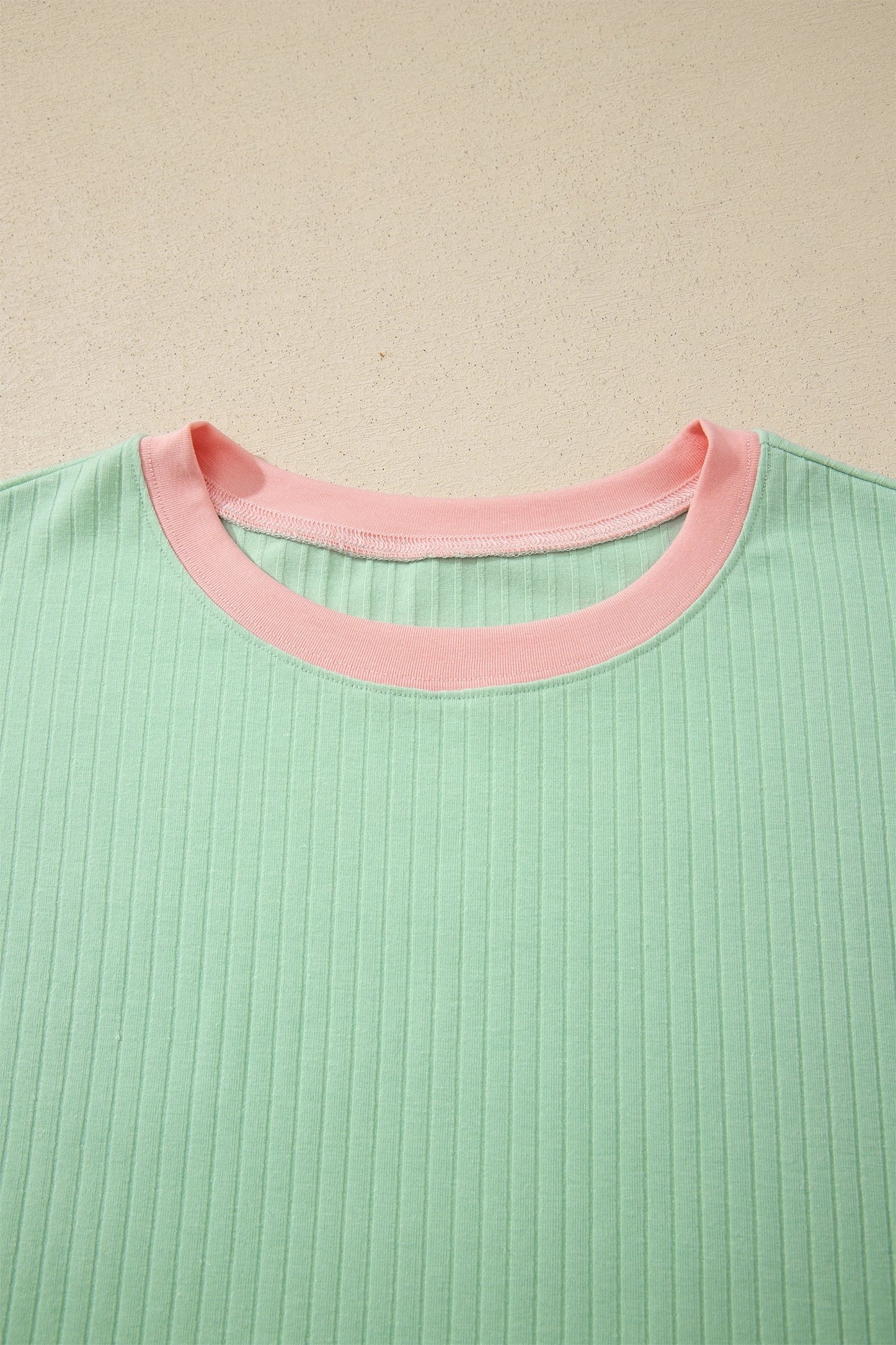 Cream Soft Ribbed Color Block Trim Casual Short Set