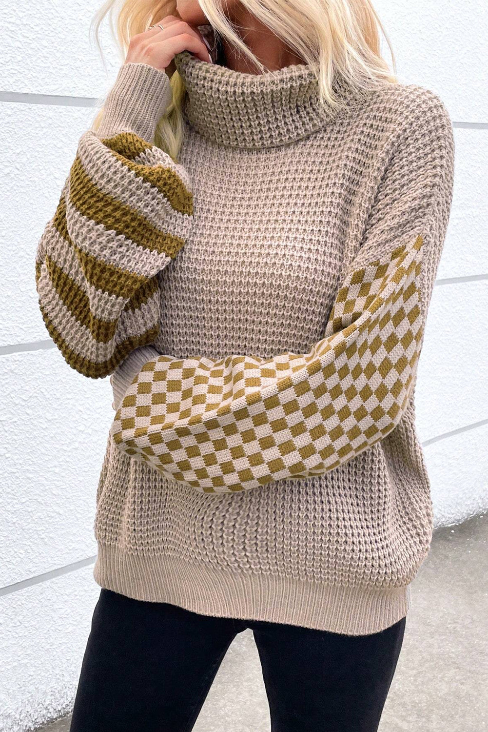 Striped and Checked Waffle Turtleneck Sweater