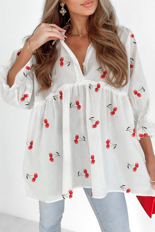 Cherry Print Flounce Sleeve Collared Frilled Babydoll Blouse