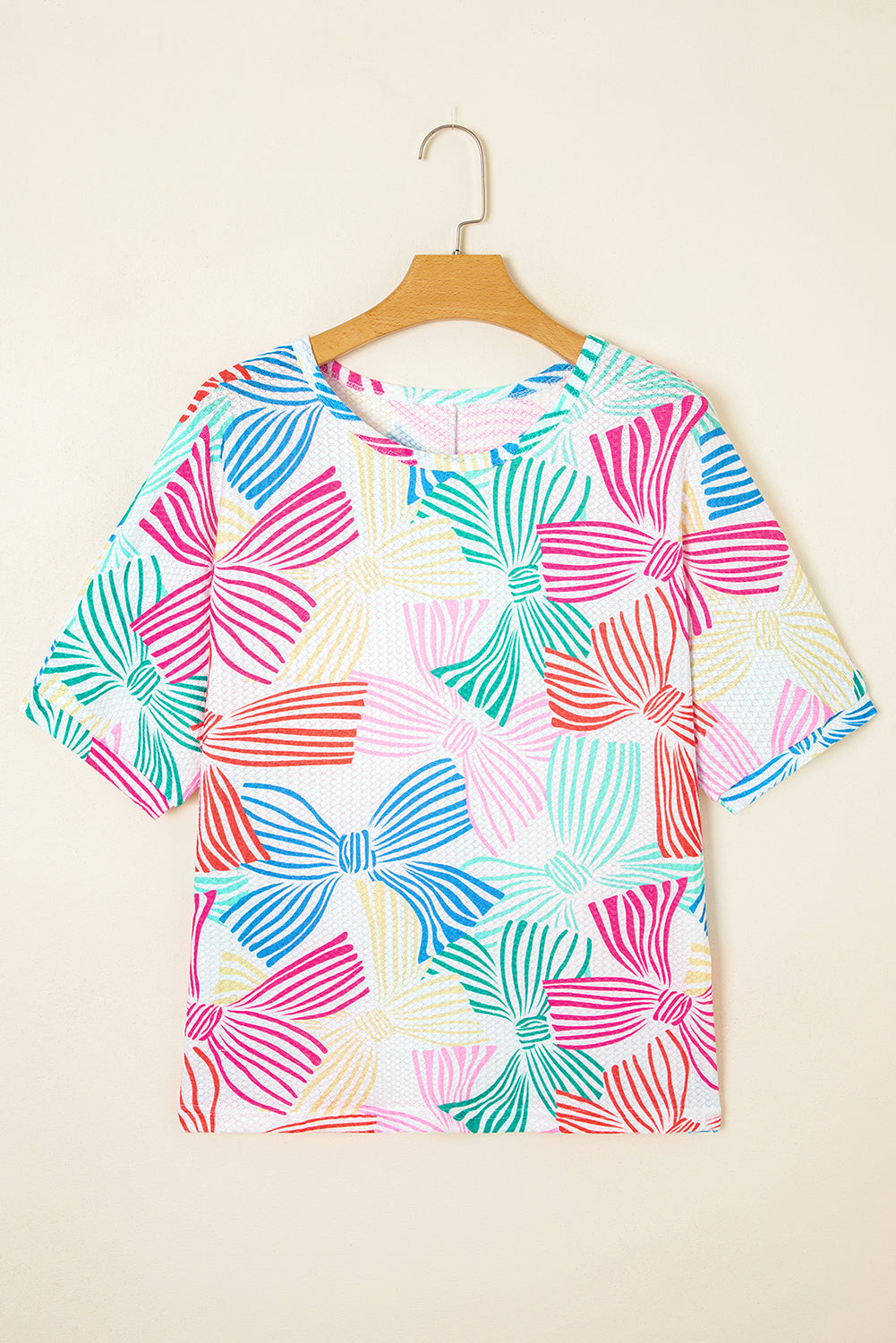 Printed Waffle Crewneck Loose Short Sleeve Top