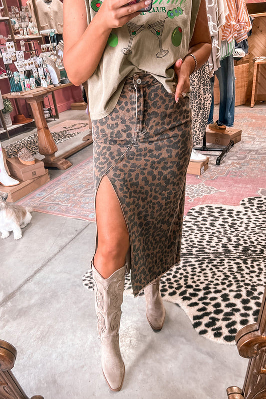 Leopard Denim Frayed Split Denim Midi Skirt