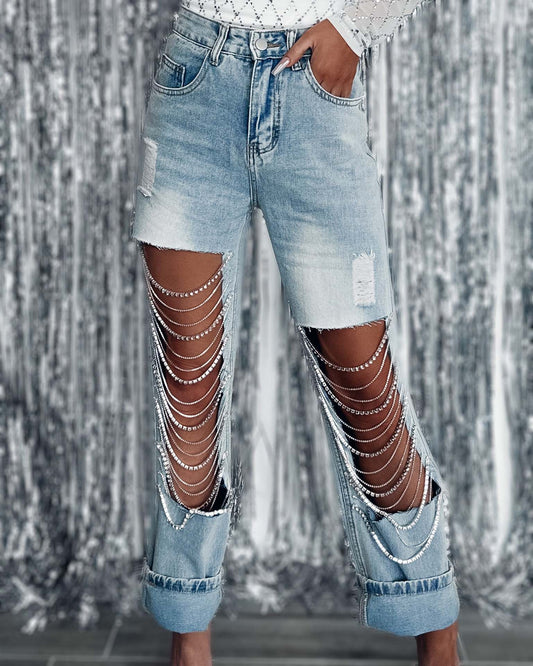 Chain Ripped Straight Jeans