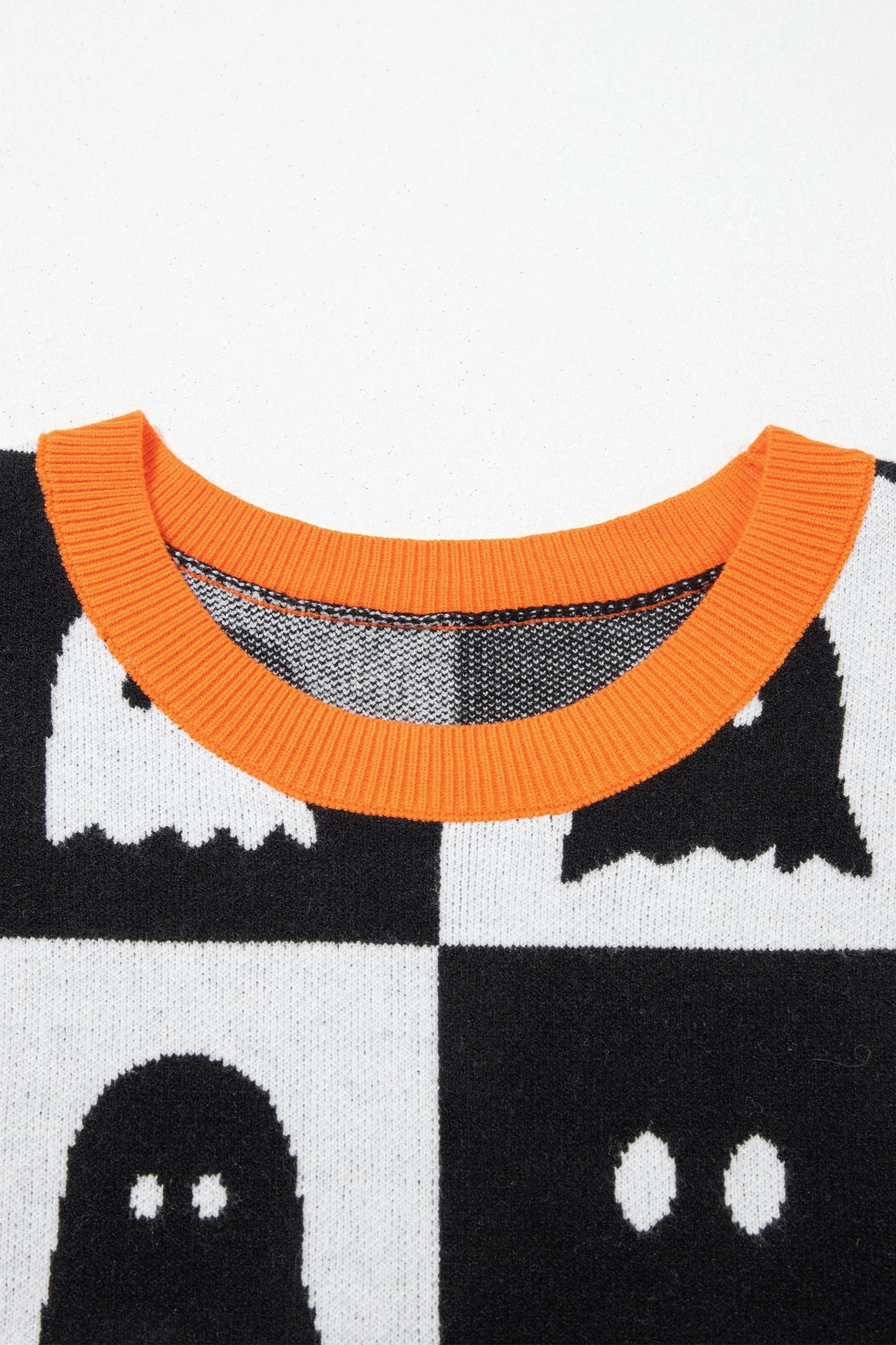 White Geometric Ghost Color Block Trim Short Sleeve Knit Sweater