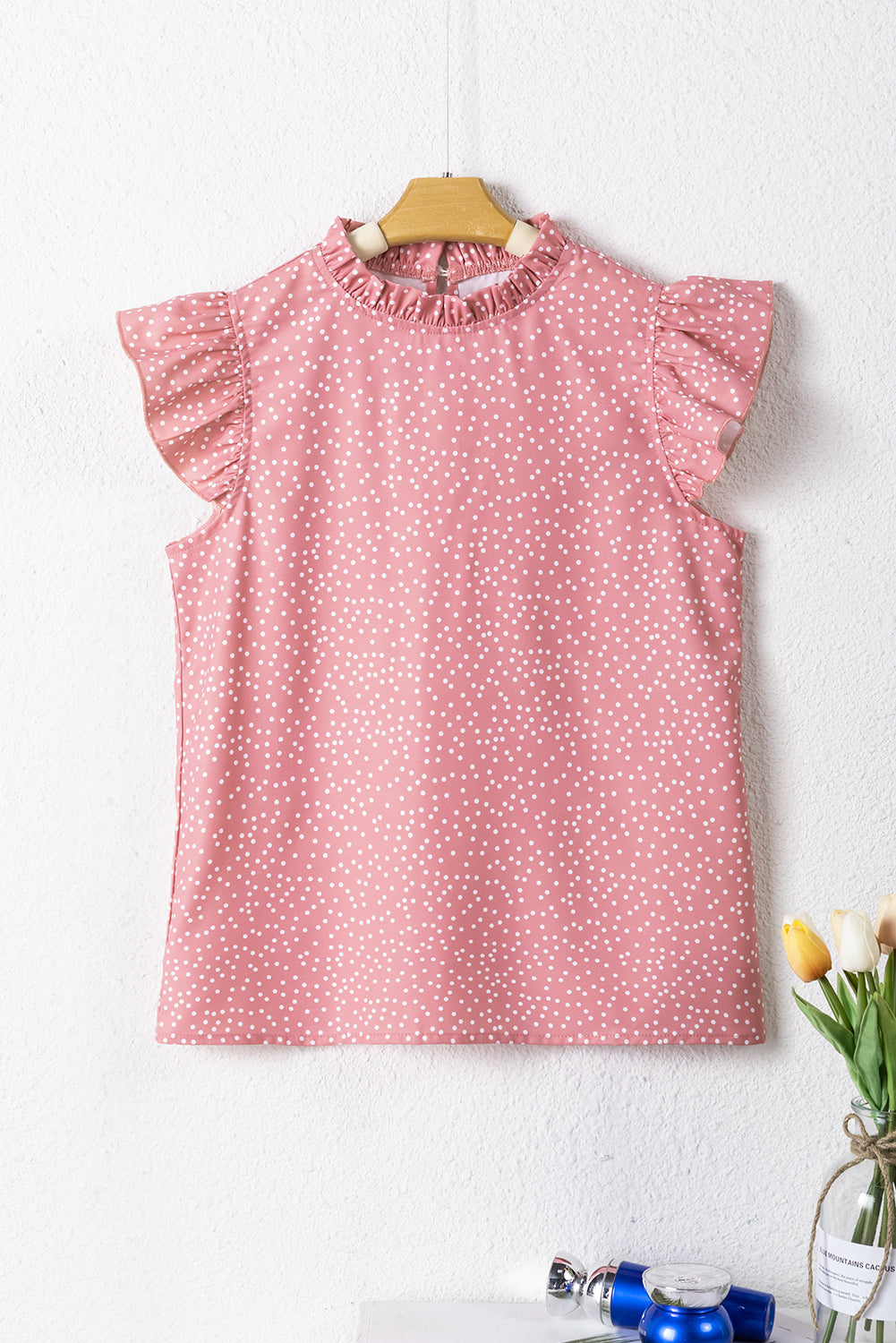 Polka Dots Ruffle Flutter Sleeve Frilled Neck Blouse