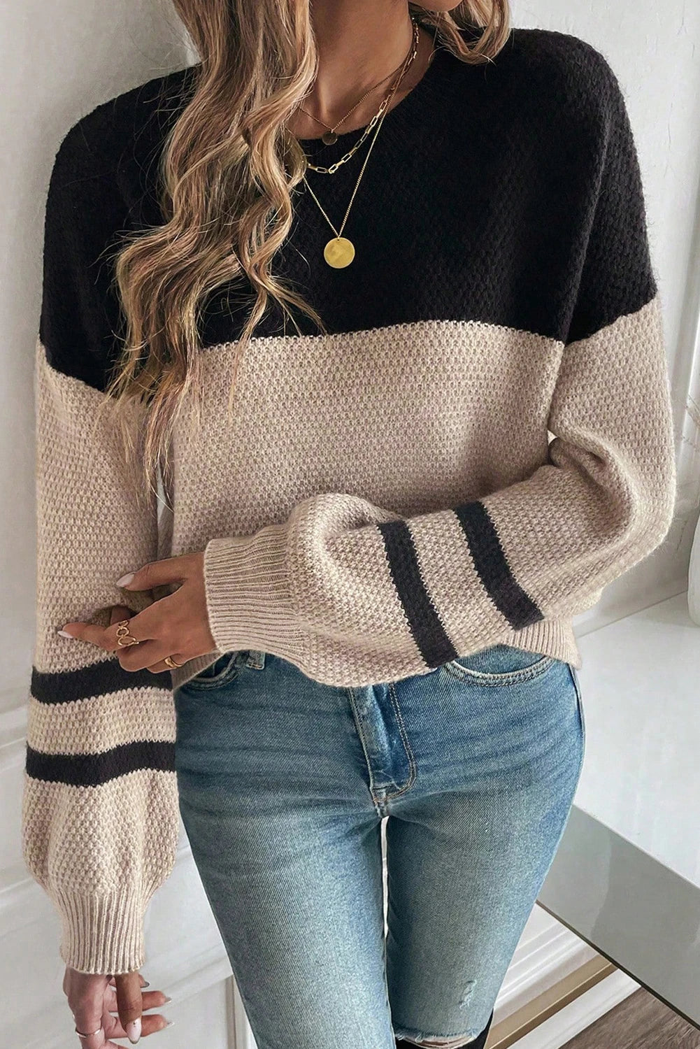 Block Knit Striped Sleeve Detail Casual Sweater