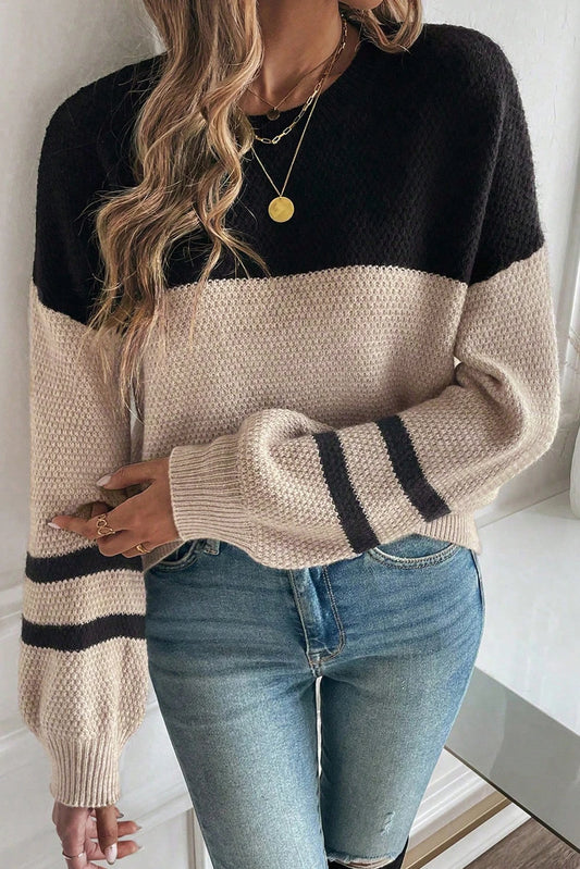 Block Knit Striped Sleeve Detail Casual Sweater