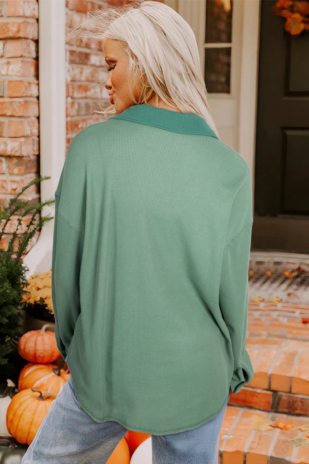 Waffle Knit Vintage Patchwork Button Up Loose Shirt