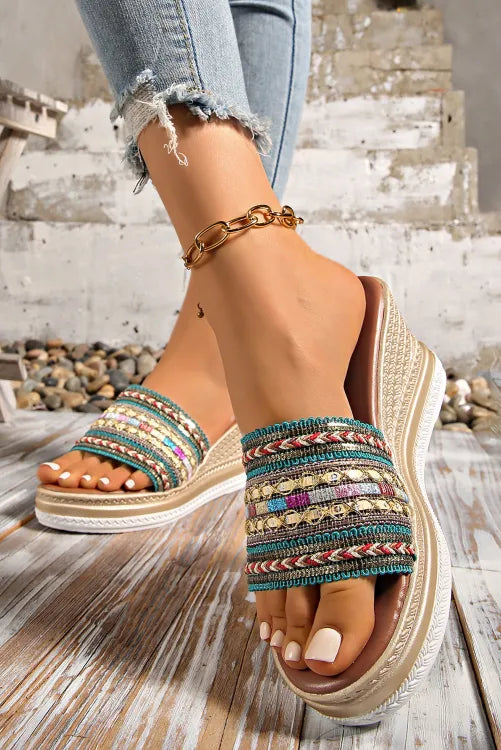Woven Band PU Leather Wedge Slippers