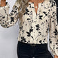 Botanical Floral Print Split Neck Long Sleeve Blouse