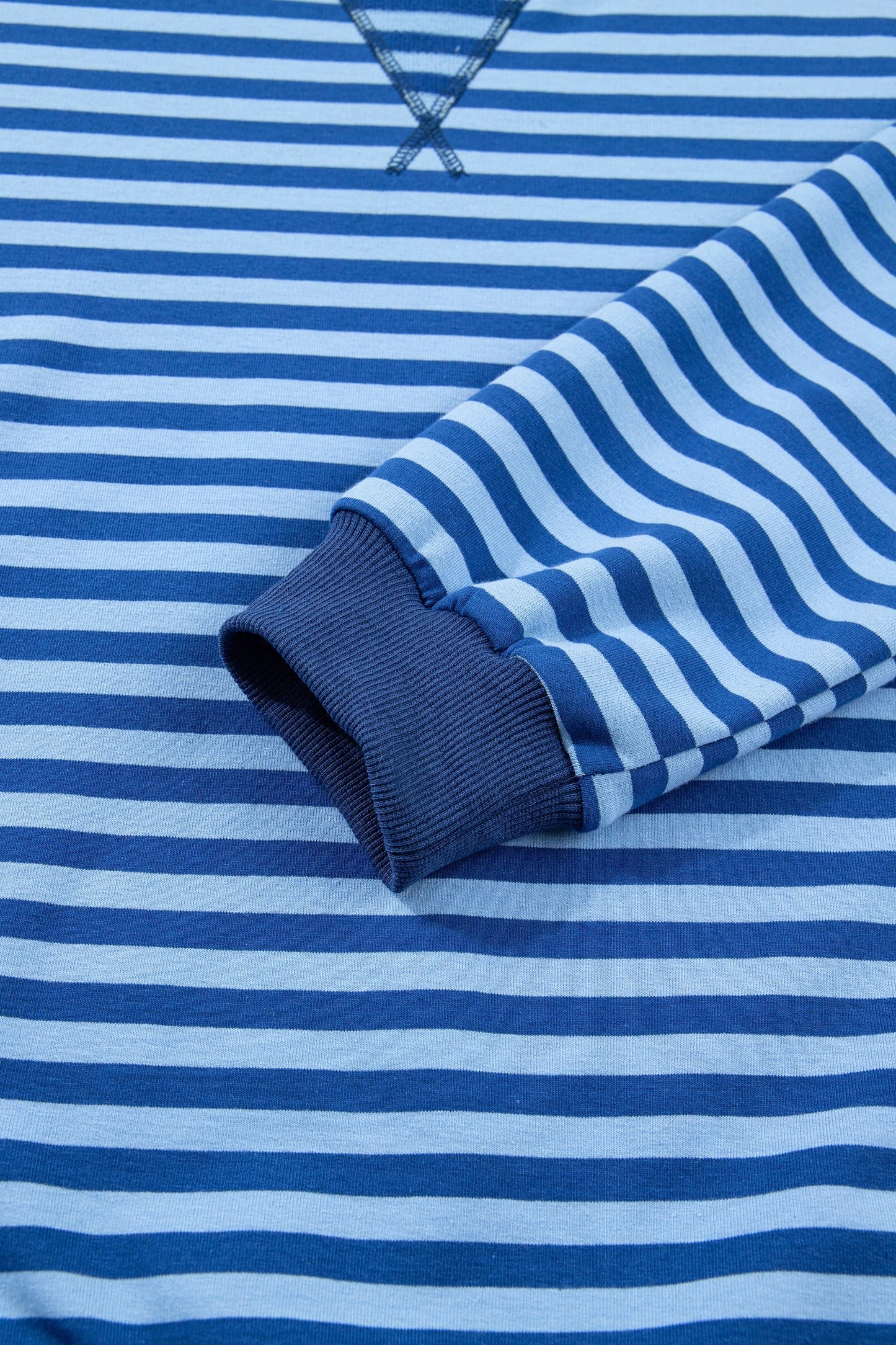 Blue Stripe Drop Shoulder Long Sleeve Pullover Elastic Waist Casual Short Set