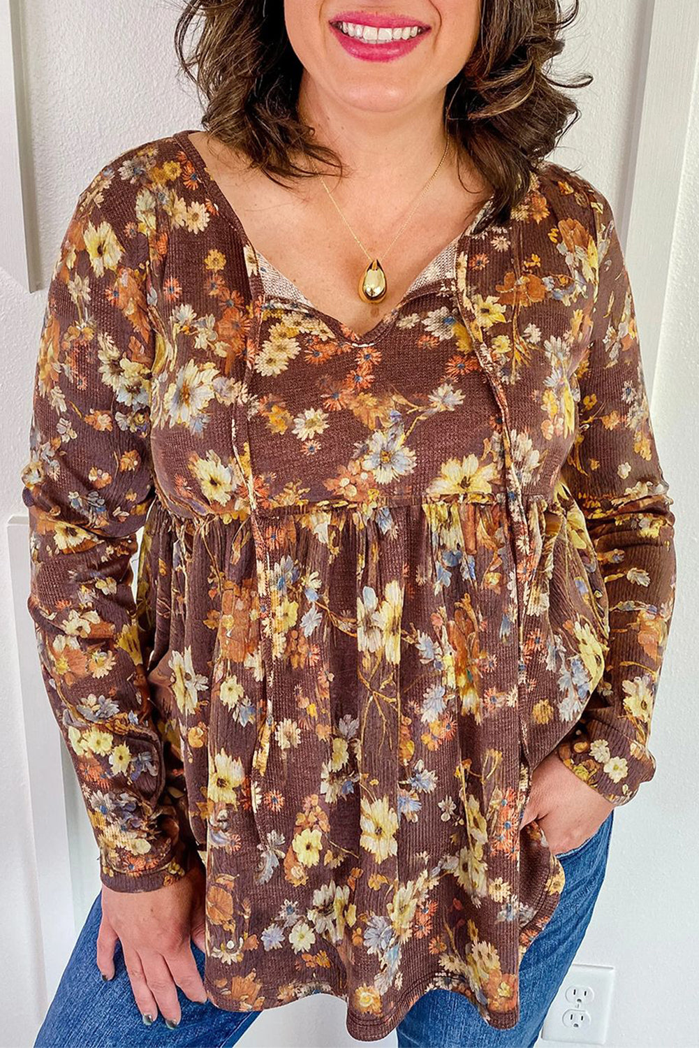 Floral Textured Tied Neck Long Sleeve Plus Size Babydoll Blouse