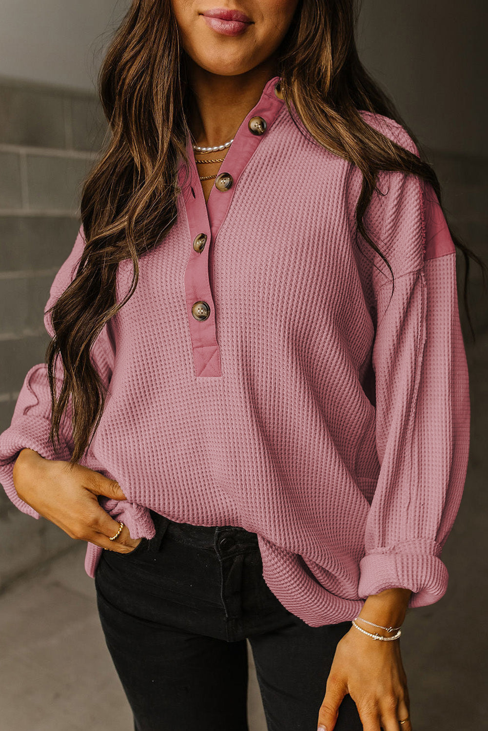 Waffle Collar Half Button Top