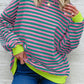 Striped Contrast Ribbed Trim Crossed Stitch Drop Shoulder Sweatshirt