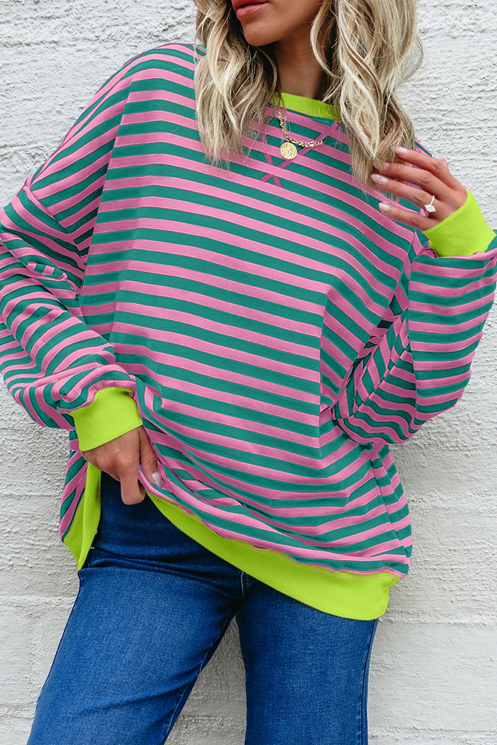 Striped Contrast Ribbed Trim Crossed Stitch Drop Shoulder Sweatshirt