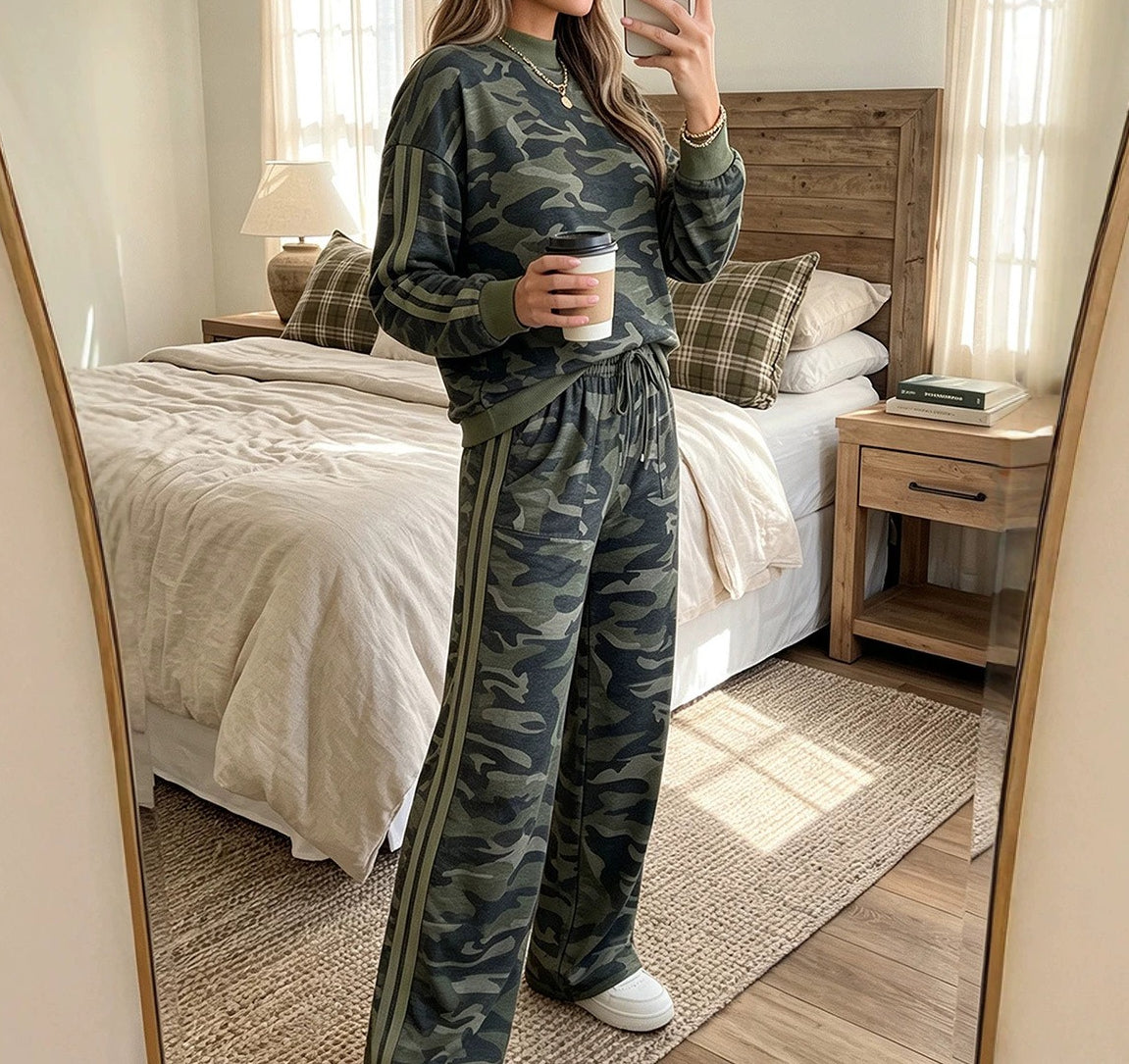 Multicolour Camouflage Patchwork Striped Detail Long Sleeve Top Casual Pants Set
