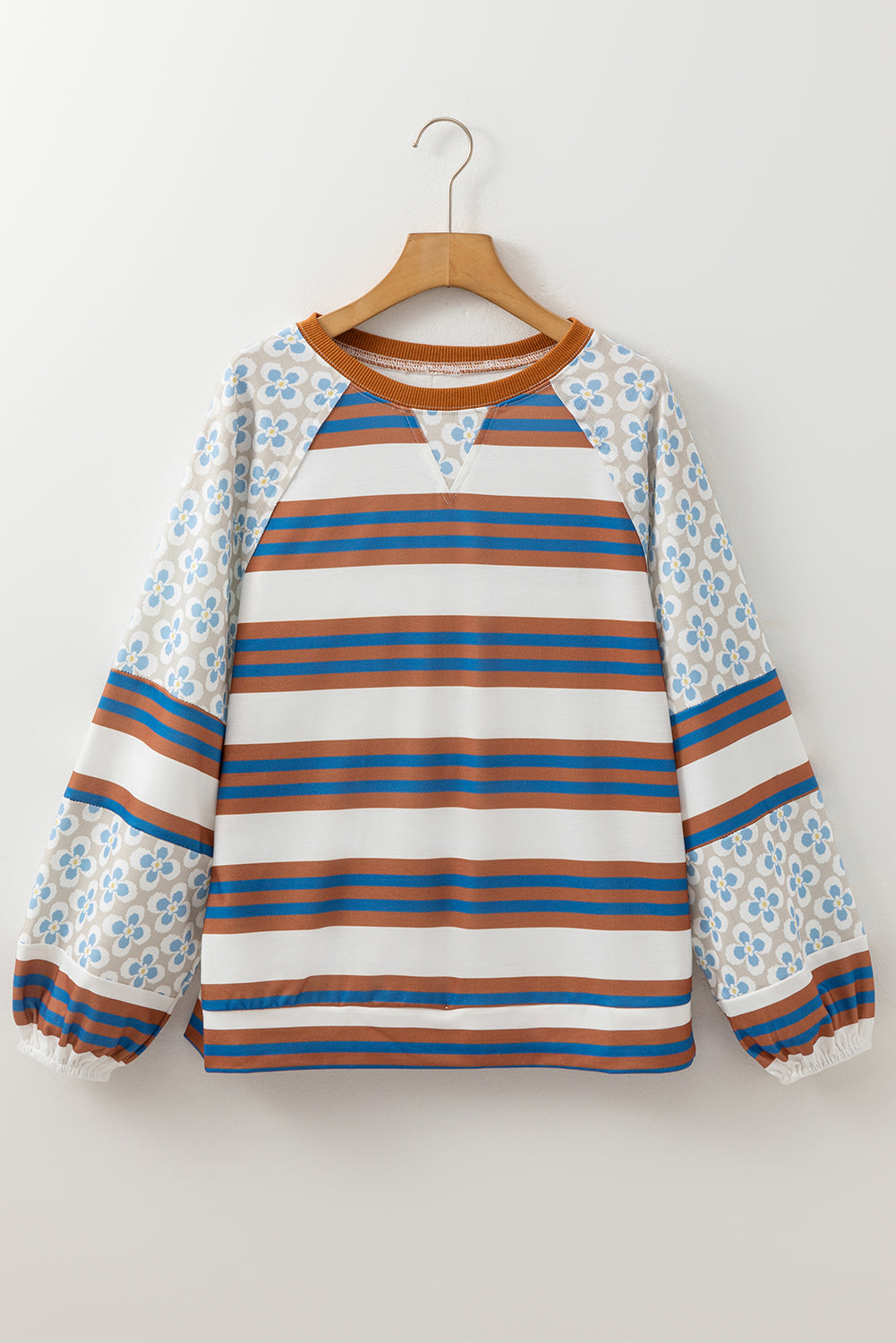 Striped Floral Printed Patchwork Lantern Sleeve Blouse