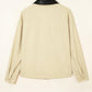 Contrast Leather Collar Textured Zip Up Jacket