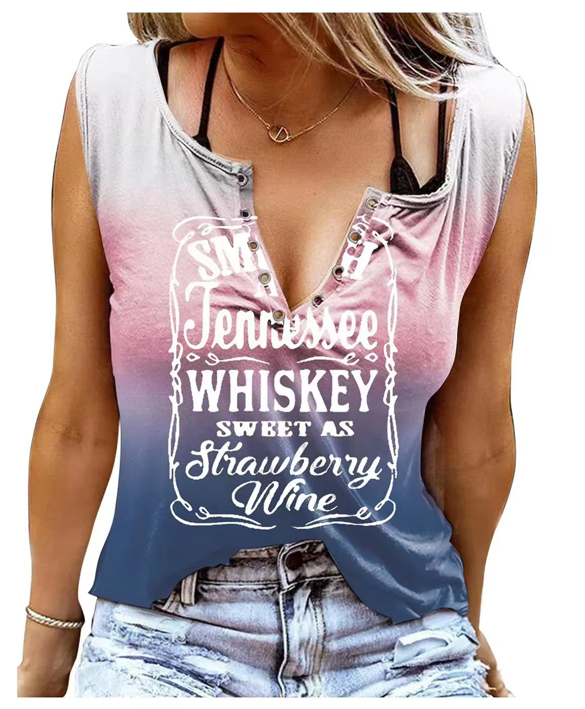 Printed V-neck Sleeveless T-shirt