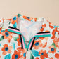 Contrast Trim Floral Split Neck Puff Short Sleeve Tiered Mini Dress