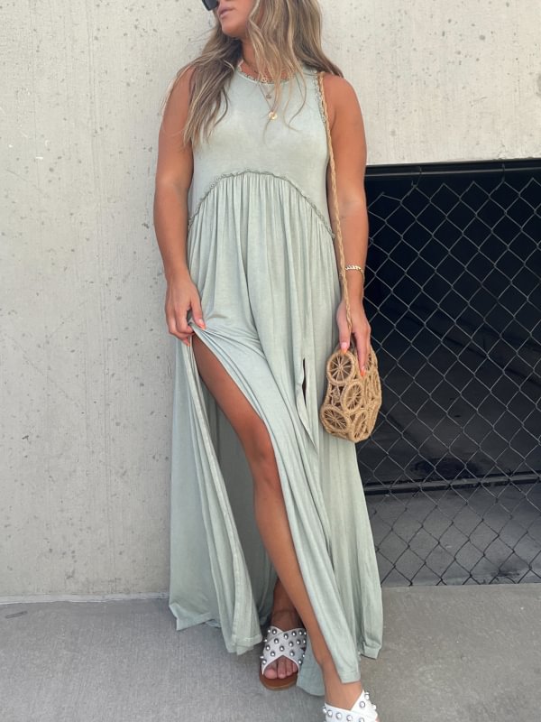 Solid Color Sleeveless High Waist Slit Dress