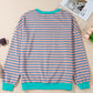Striped Contrast Ribbed Trim Crossed Stitch Drop Shoulder Sweatshirt