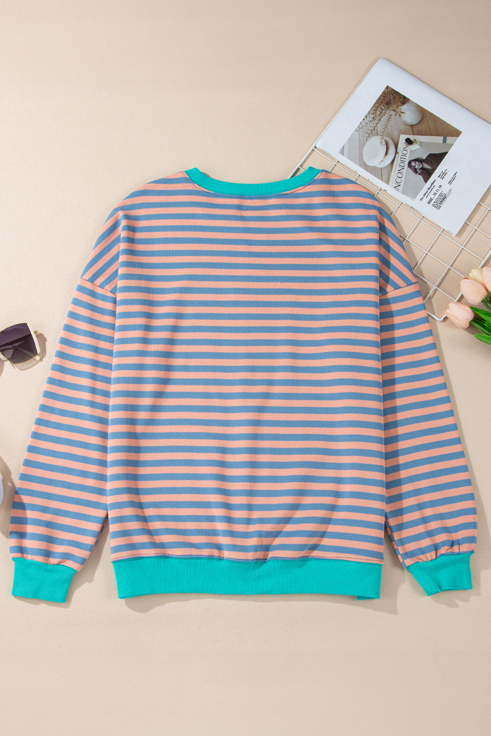 Striped Contrast Ribbed Trim Crossed Stitch Drop Shoulder Sweatshirt