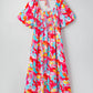 Abstract Printed Puff Sleeve Square Neck Smocked Bust Tied Back Plus Size Dress