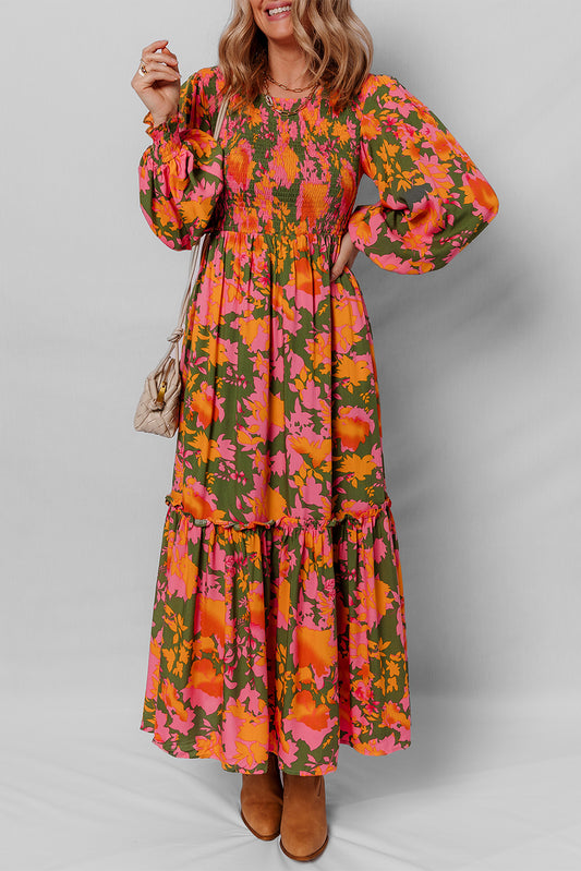 Floral Puff Sleeve Smocked Bodice Ruffled Long Dress