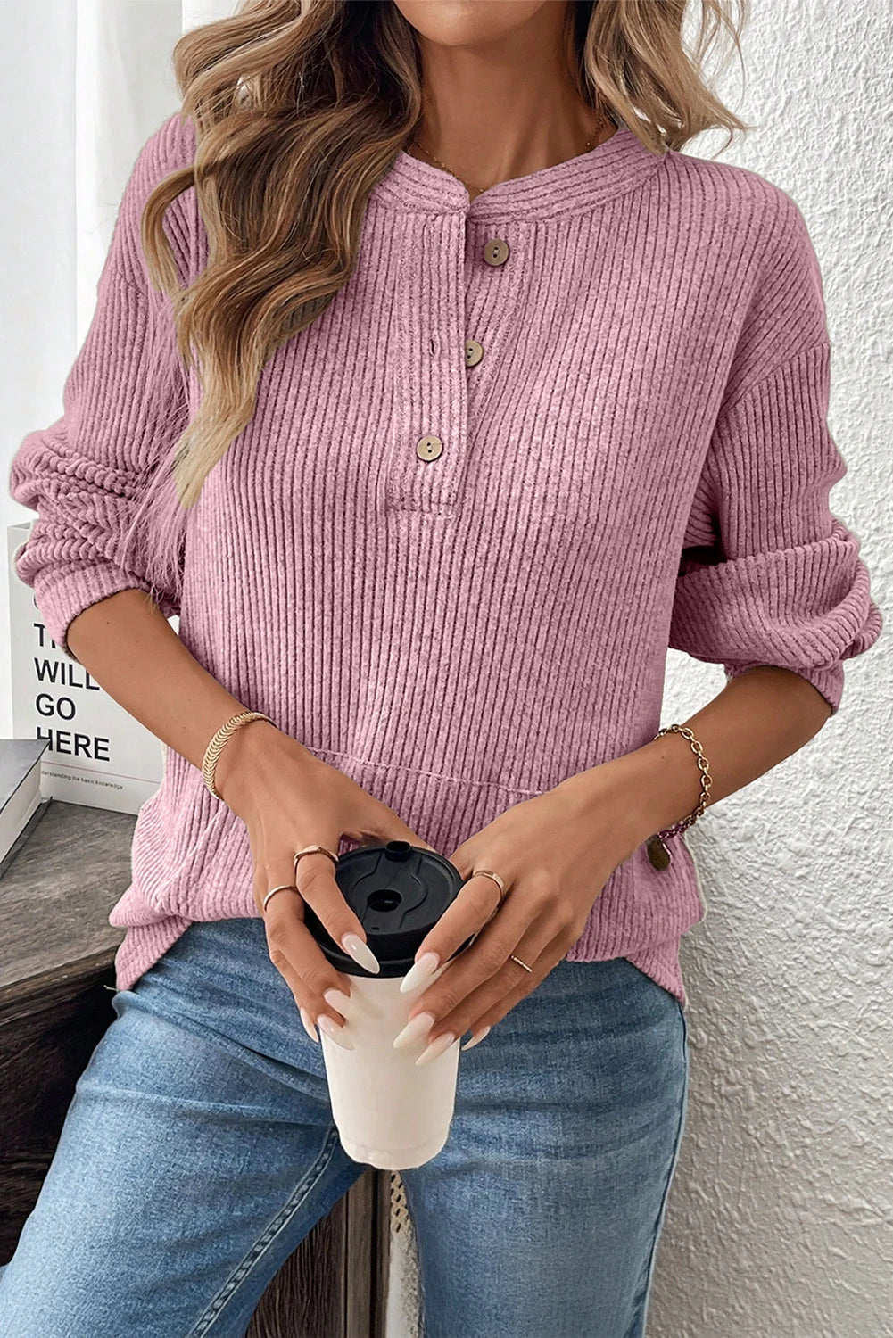 Texture Drop Shoulder Henley Knit Top