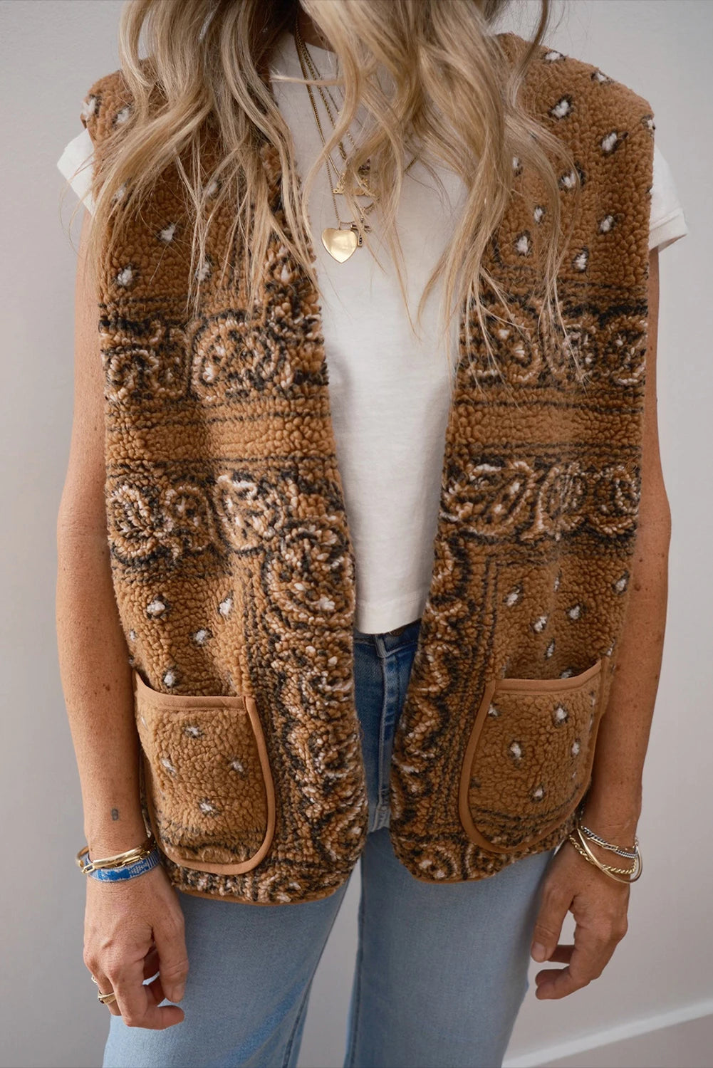 Print Pocketed Western Fashion Vest Jacket