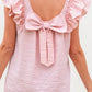 Pink Textured Bow Knot Frilled Butterfly Sleeve Blouse